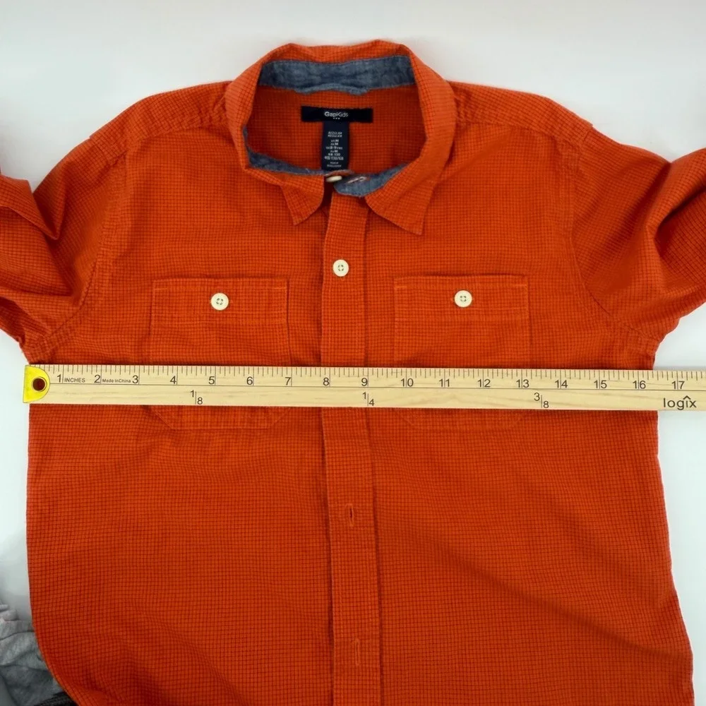 Gap Kids Cotton Button Front Shirt Boys Size M 8 9 Orange Check Roll Tab Sleeve